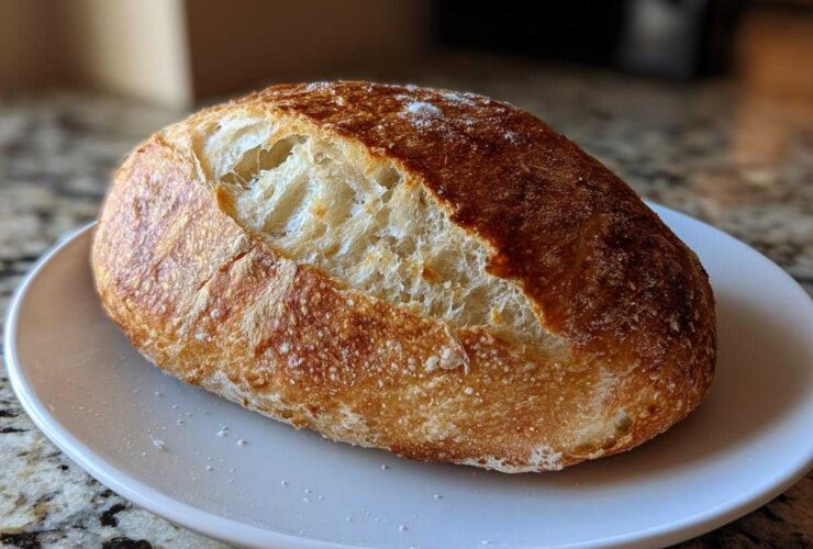 A golden-crusted, freshly baked loaf of italian bread resting on a small white plate.