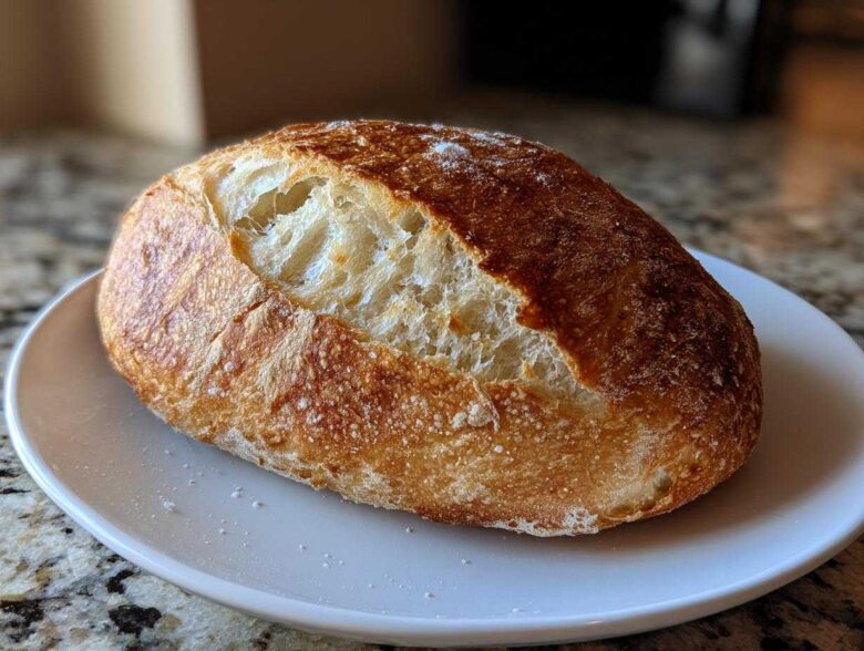 A golden-crusted, freshly baked loaf of italian bread resting on a small white plate.