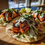 Three flavorful salmon tacos topped with slaw, cilantro, and a white drizzle sauce, ready to eat.