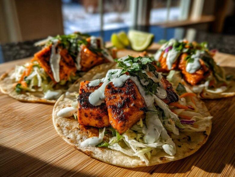 Three flavorful salmon tacos topped with slaw, cilantro, and a white drizzle sauce, ready to eat.