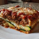 A thick, hearty slice of zucchini lasagna showing layers of meat sauce, ricotta, and zucchini noodles, topped with melted cheese.