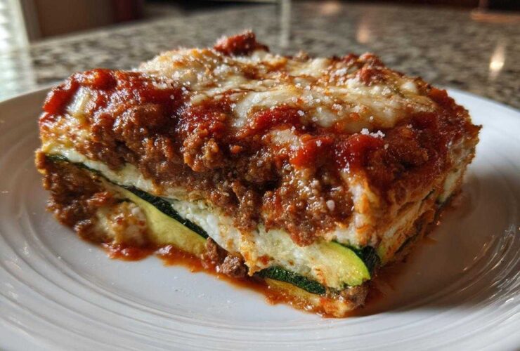 A thick, hearty slice of zucchini lasagna showing layers of meat sauce, ricotta, and zucchini noodles, topped with melted cheese.