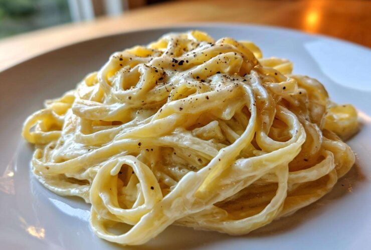 Close-up of fettuccine pasta coated in rich homemade alfredo sauce and topped with black pepper.