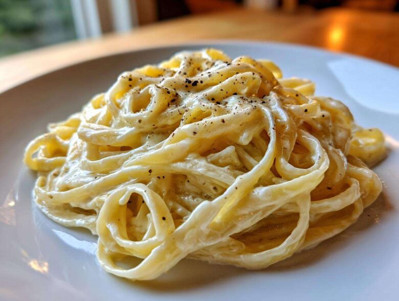 Close-up of fettuccine pasta coated in rich homemade alfredo sauce and topped with black pepper.