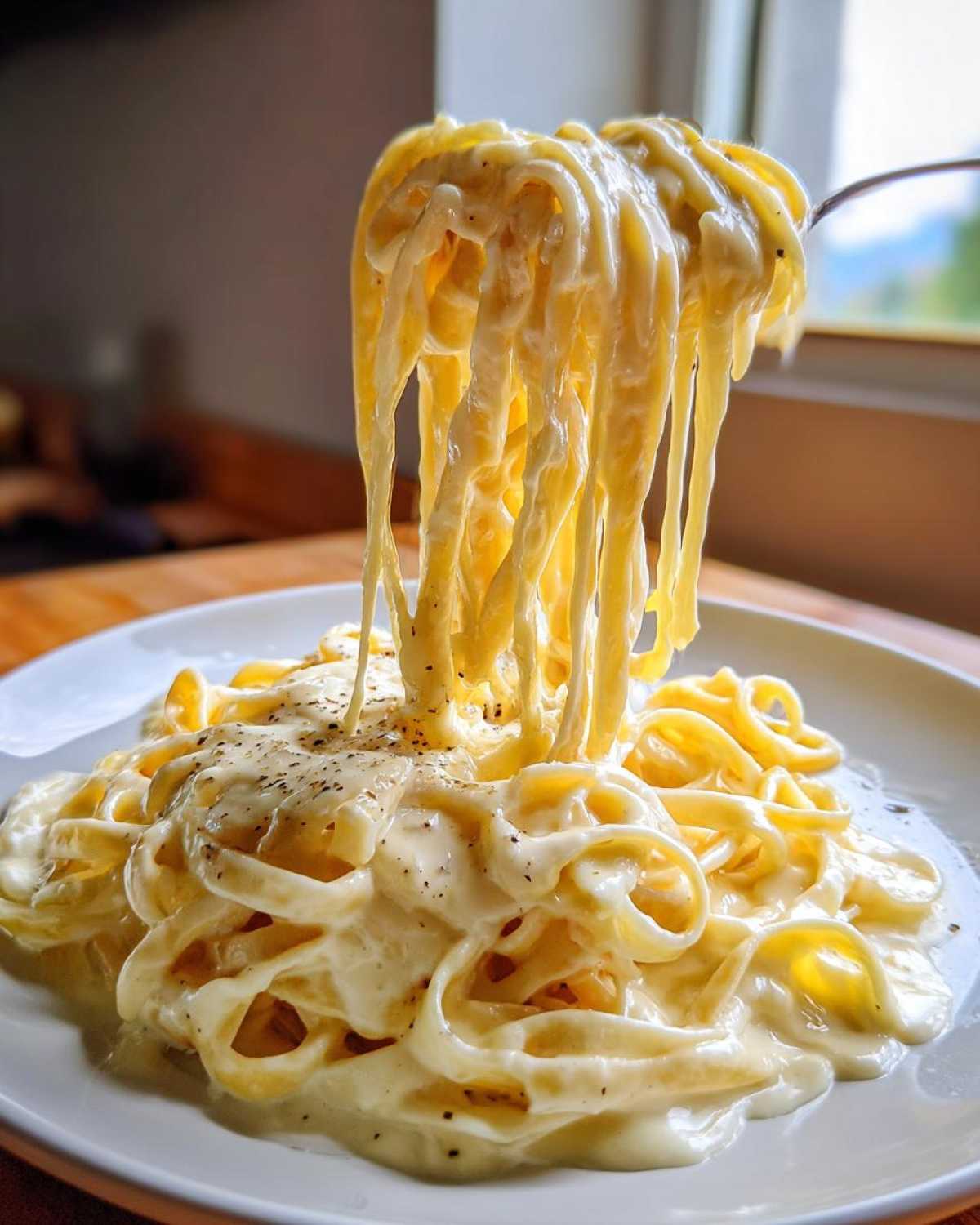 A fork lifts fettuccine noodles coated in rich homemade alfredo sauce from a white plate.