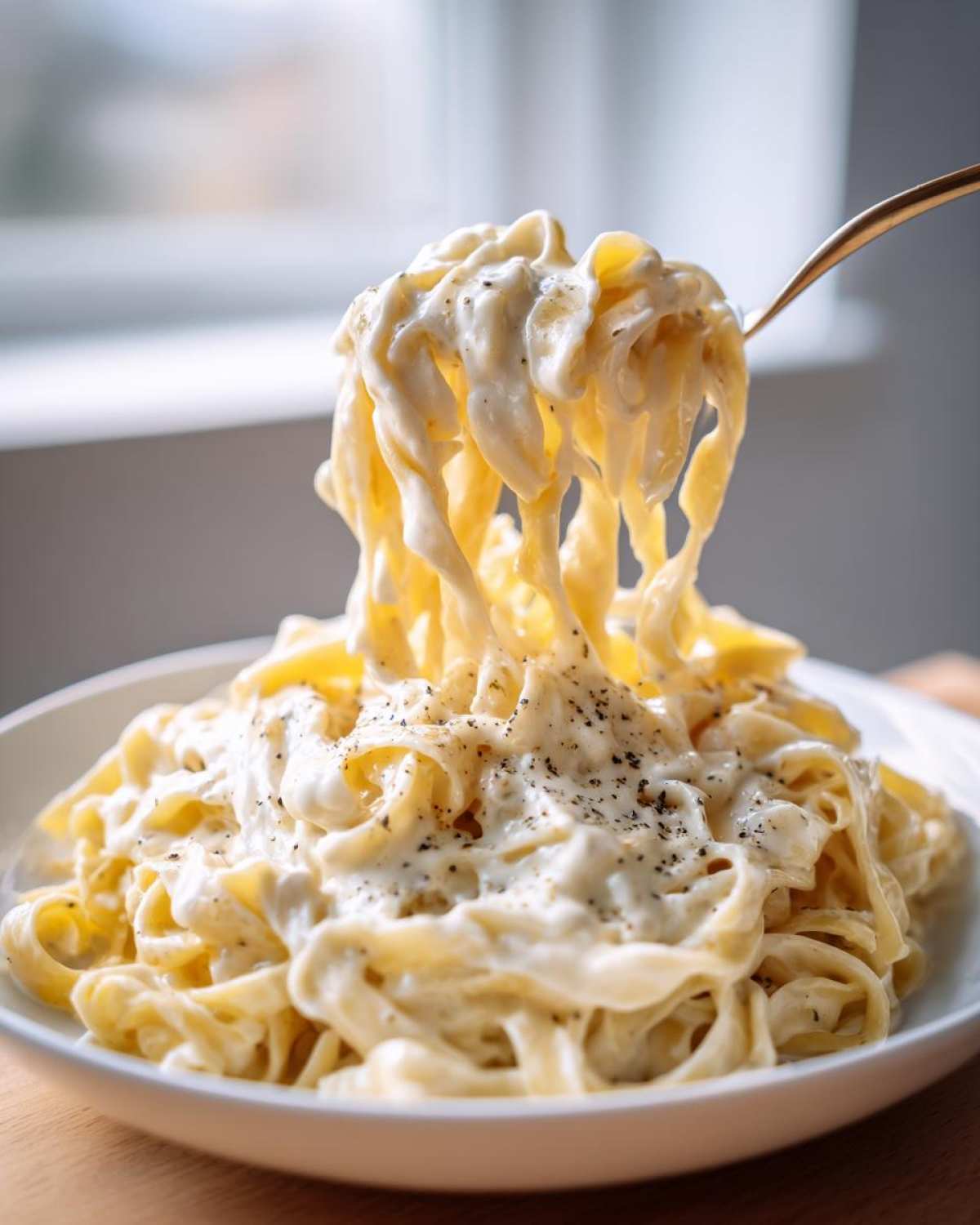 A fork lifts fettuccine noodles coated in rich homemade alfredo sauce, topped with black pepper.