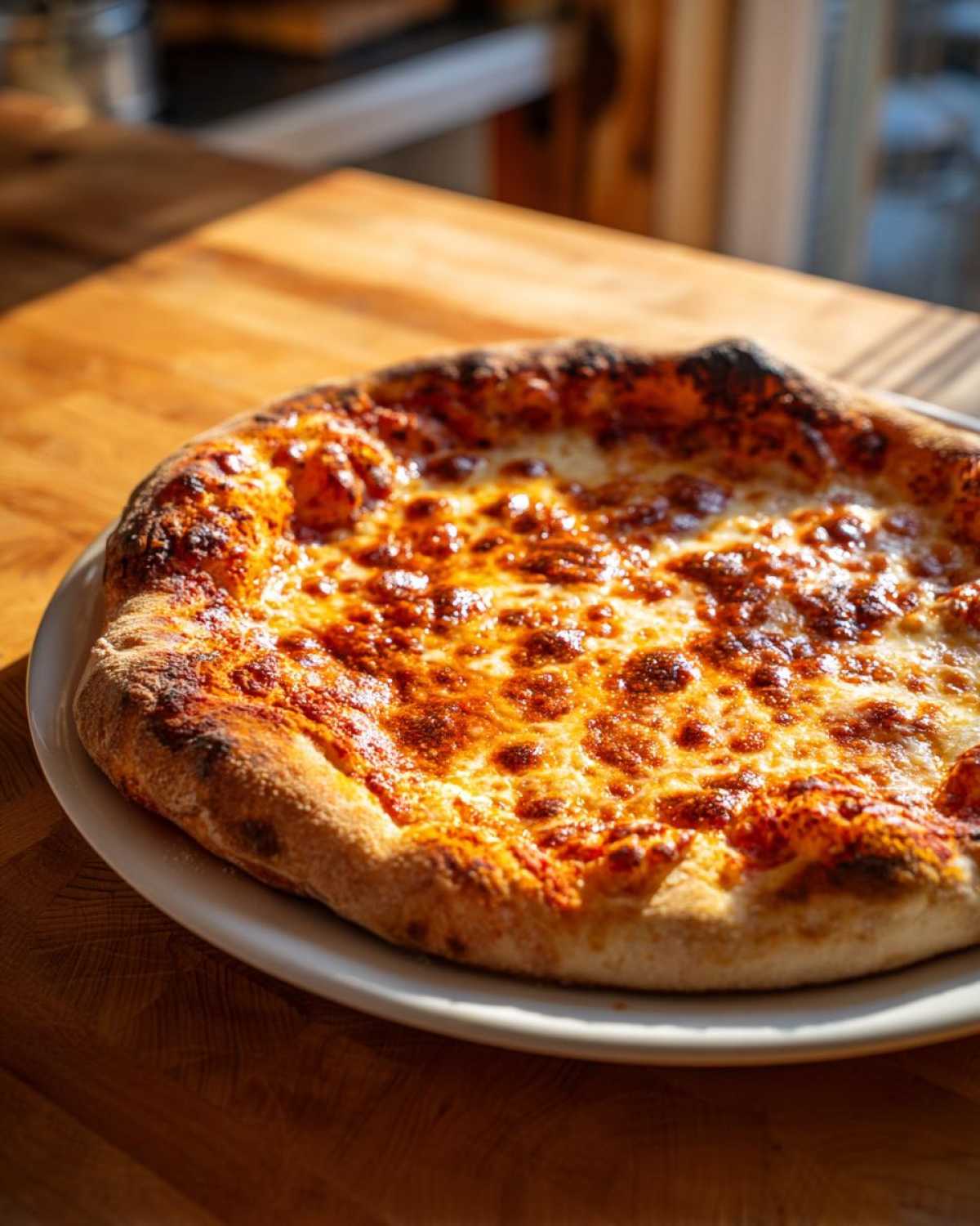 A freshly baked Margherita pizza with bubbly, browned cheese, made from sourdough discard pizza dough, sitting on a white plate.