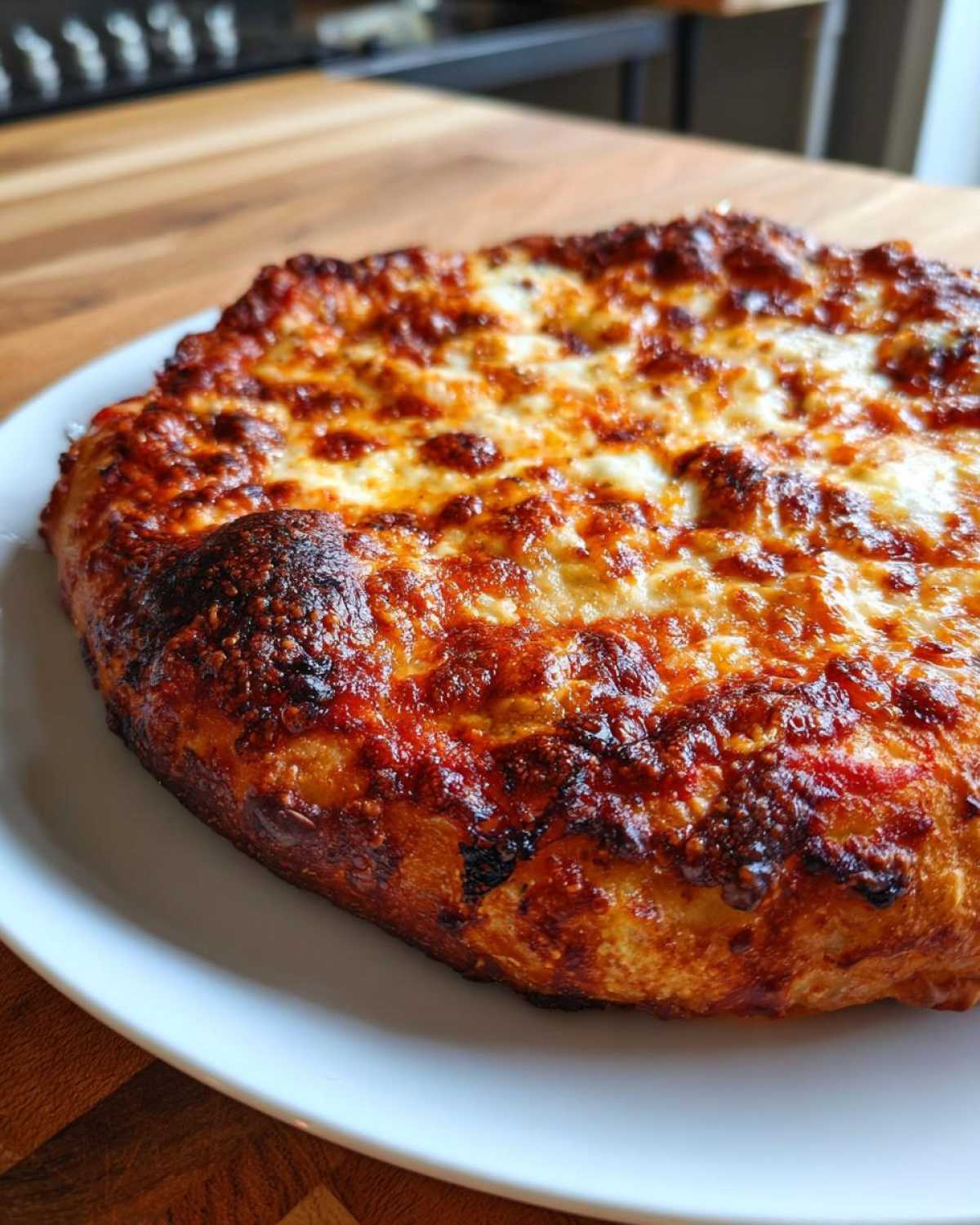 A freshly baked pizza with bubbly, browned cheese topping made from sourdough discard pizza dough.