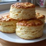 Four tall, flaky, golden brown scones stacked slightly on a white plate, ready to be eaten.