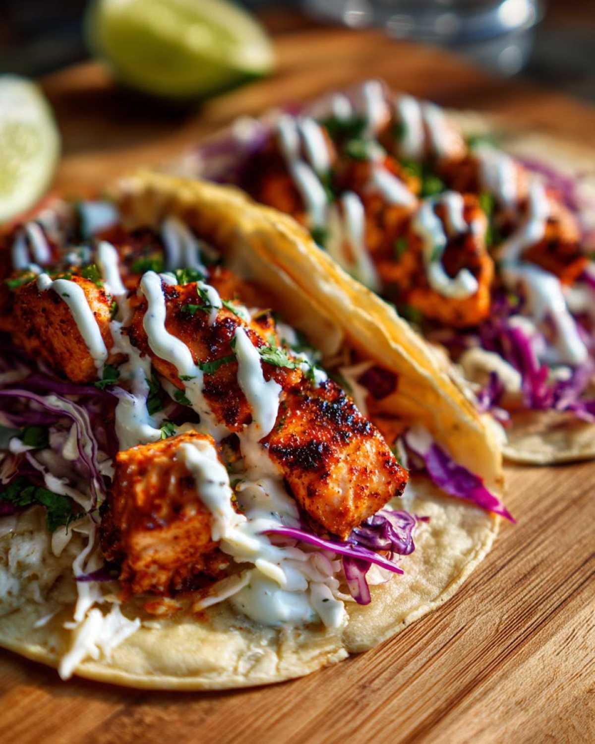 Two delicious salmon tacos filled with seasoned salmon chunks, red cabbage slaw, and drizzled with white sauce.