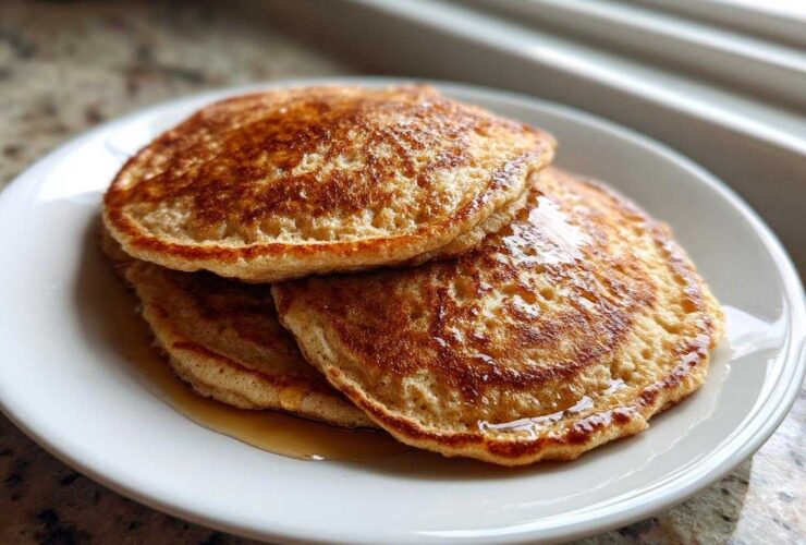 A stack of three golden-brown almond flour pancakes drizzled with syrup on a white plate.