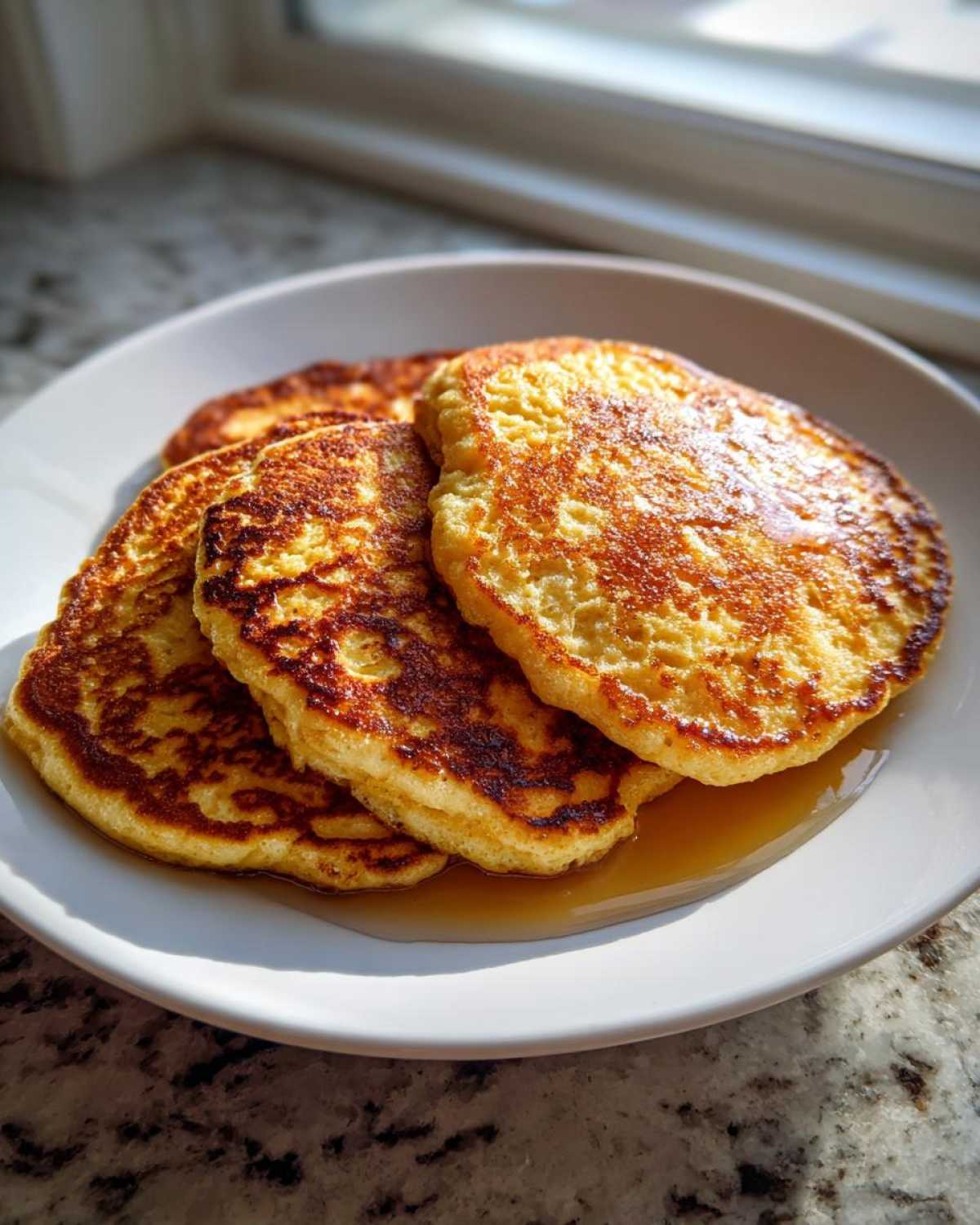 A stack of three golden-brown almond flour pancakes drizzled with syrup on a white plate.