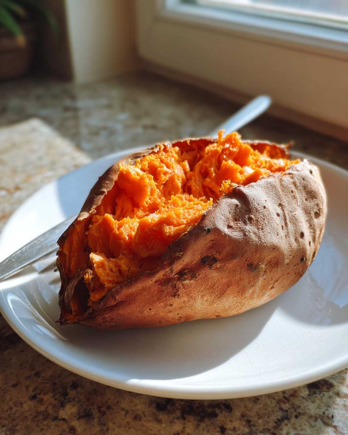 A perfectly cooked, fluffy baked sweet potato split open on a white plate, showing vibrant orange flesh.