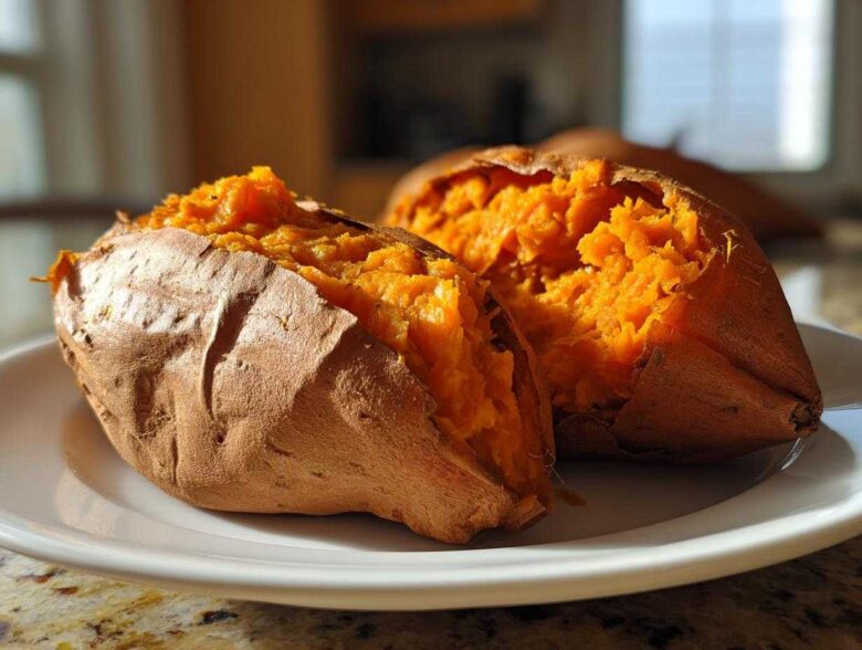 A close-up of a fluffy baked sweet potato split in half, showing its bright orange interior on a white plate.