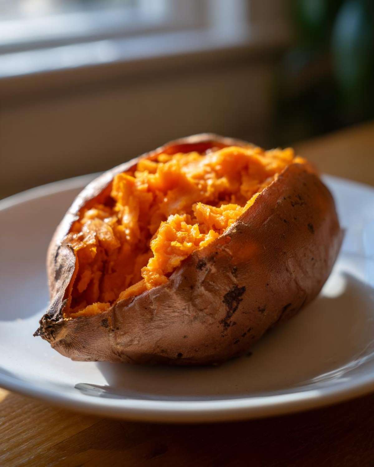 A perfectly cooked, fluffy baked sweet potato split open on a white plate, showing its bright orange flesh.