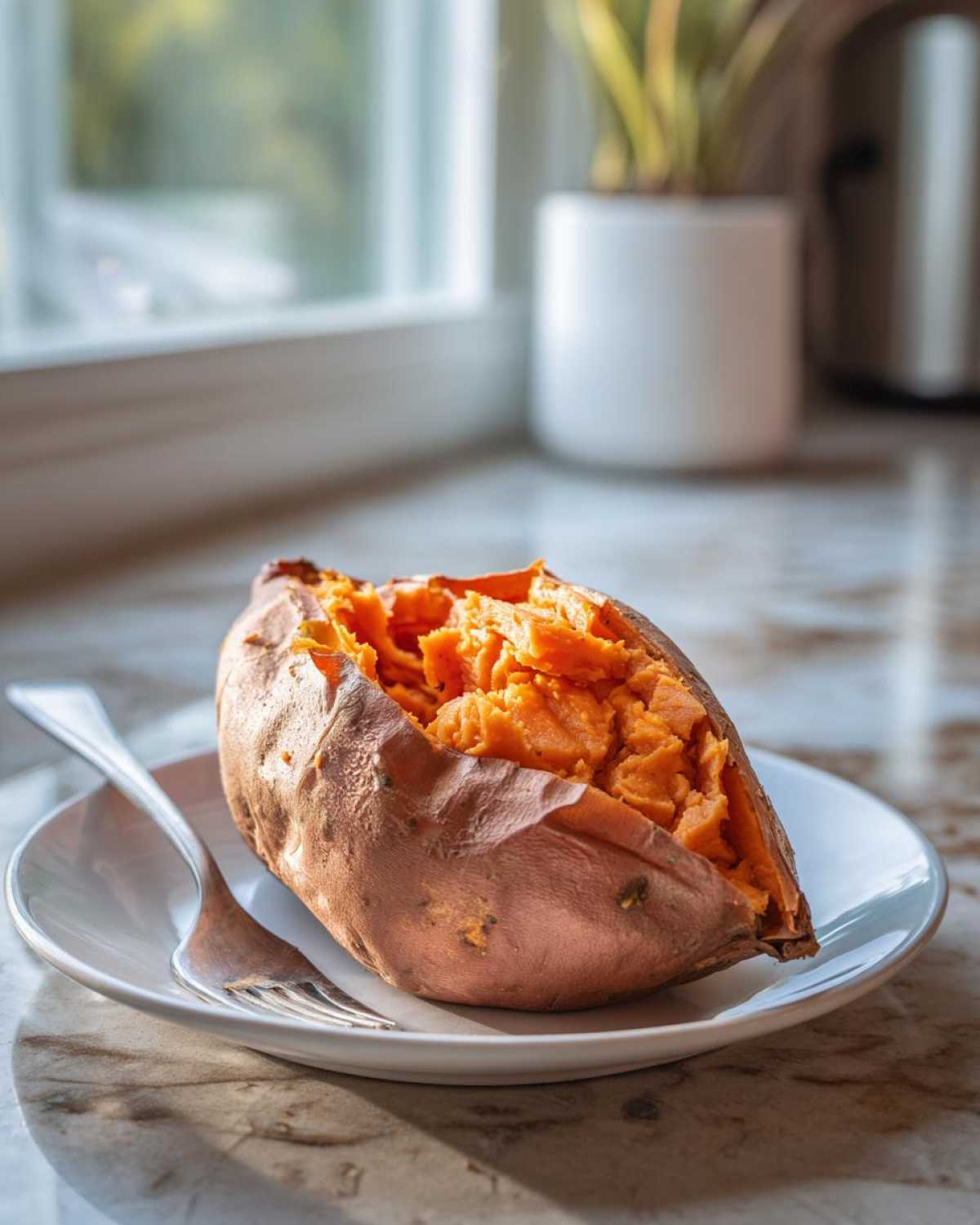 A perfectly baked sweet potato, split open to show fluffy orange flesh, served on a white plate with a fork.