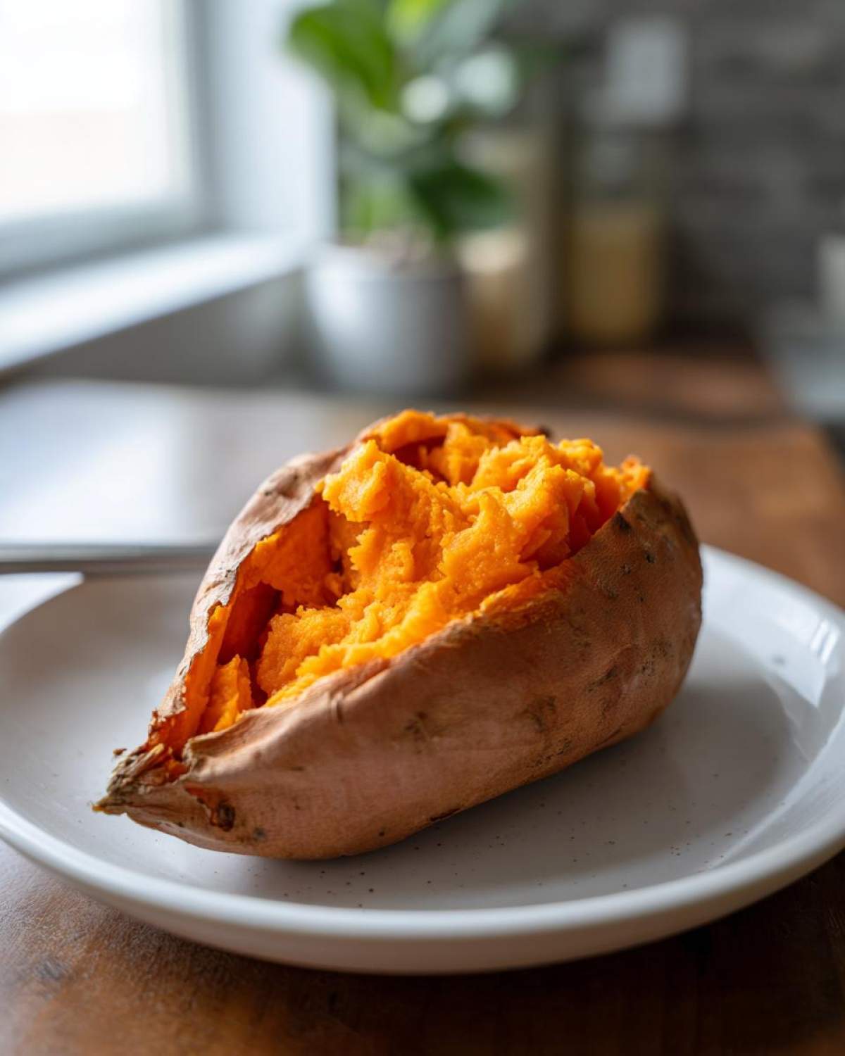 A fluffy baked sweet potato, split open to show the bright orange interior, resting on a white plate.