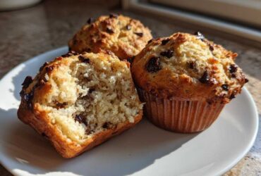 Three fluffy banana chocolate chip muffins on a white plate, one broken open to show the moist interior.