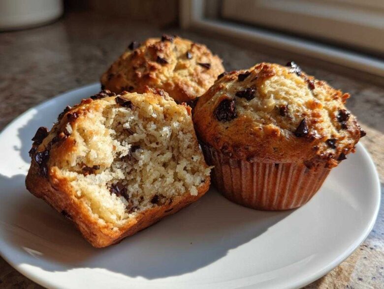 Three fluffy banana chocolate chip muffins on a white plate, one broken open to show the moist interior.