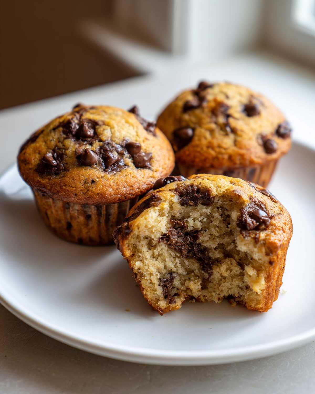 Three fluffy banana chocolate chip muffins on a white plate, one with a bite taken out showing the moist interior.