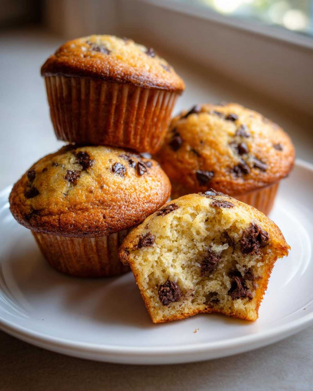 A stack of fluffy banana chocolate chip muffins, one bitten to show the moist interior loaded with chocolate chips.