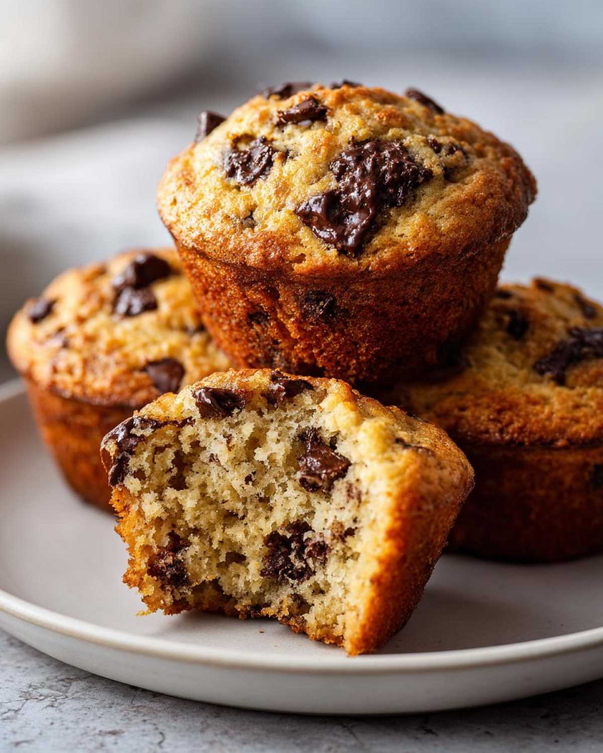 Close-up of fluffy banana chocolate chip muffins, one broken open showing moist interior and melted chocolate chunks.