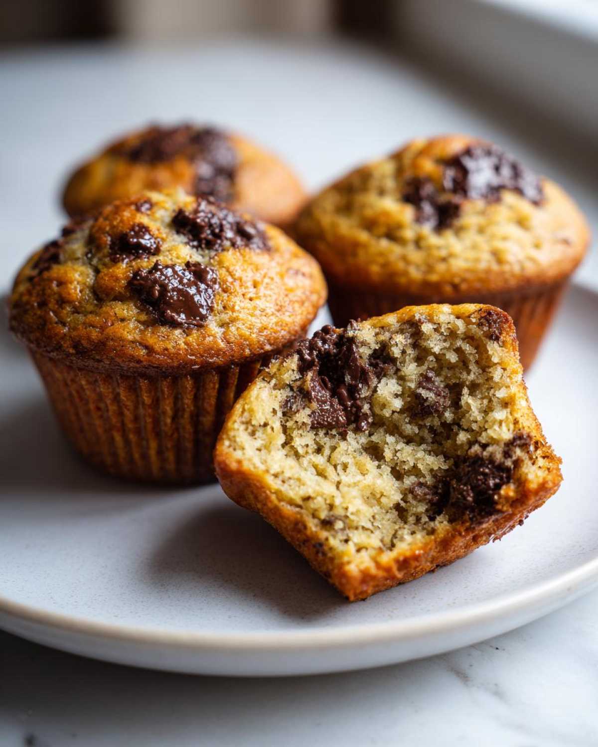 Close-up of fluffy banana chocolate chip muffins, one broken open showing moist texture and melted chocolate chunks.
