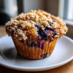 Close-up of a fluffy blueberry muffin topped with golden brown streusel, sitting on a white plate.