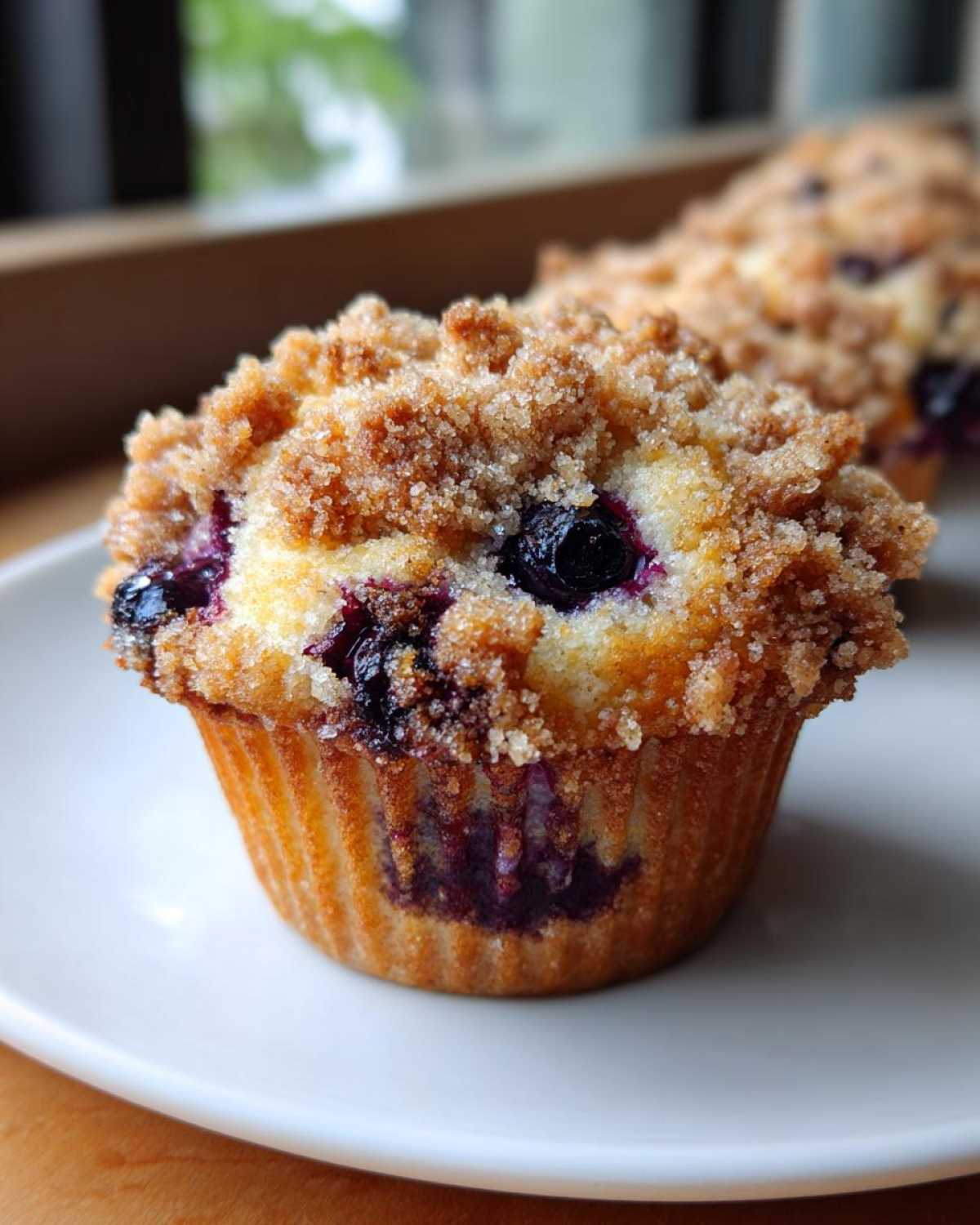 A close-up of a fluffy blueberry muffin topped with brown sugar streusel sitting on a white plate.