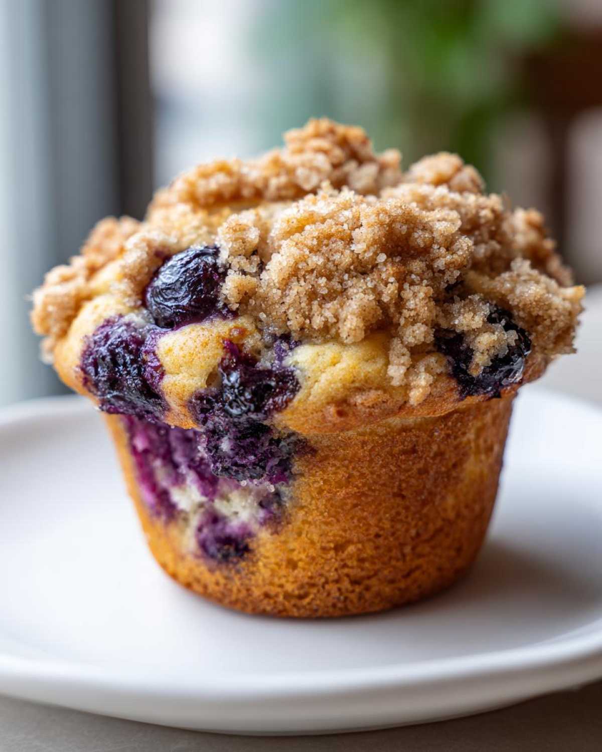 A close-up of a single, golden-brown blueberry muffin topped with sweet brown sugar streusel.