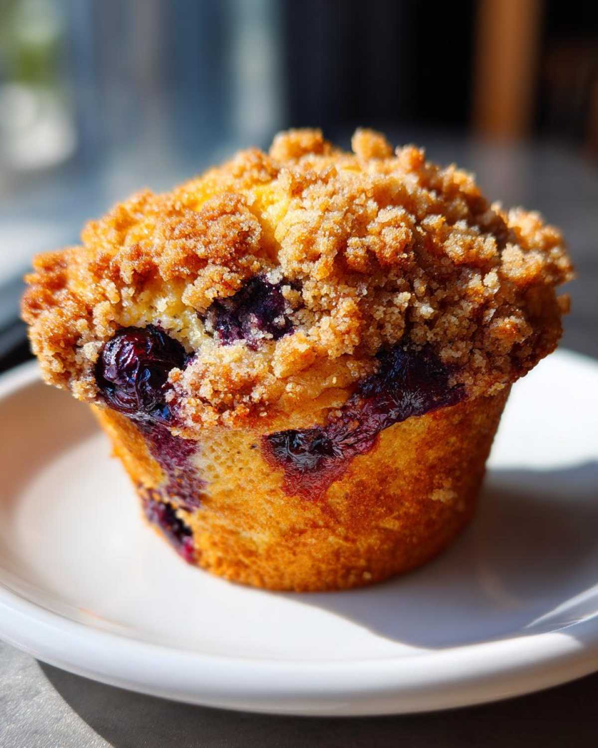 A close-up of a fluffy blueberry muffin topped with a generous brown sugar streusel, sitting on a white plate.