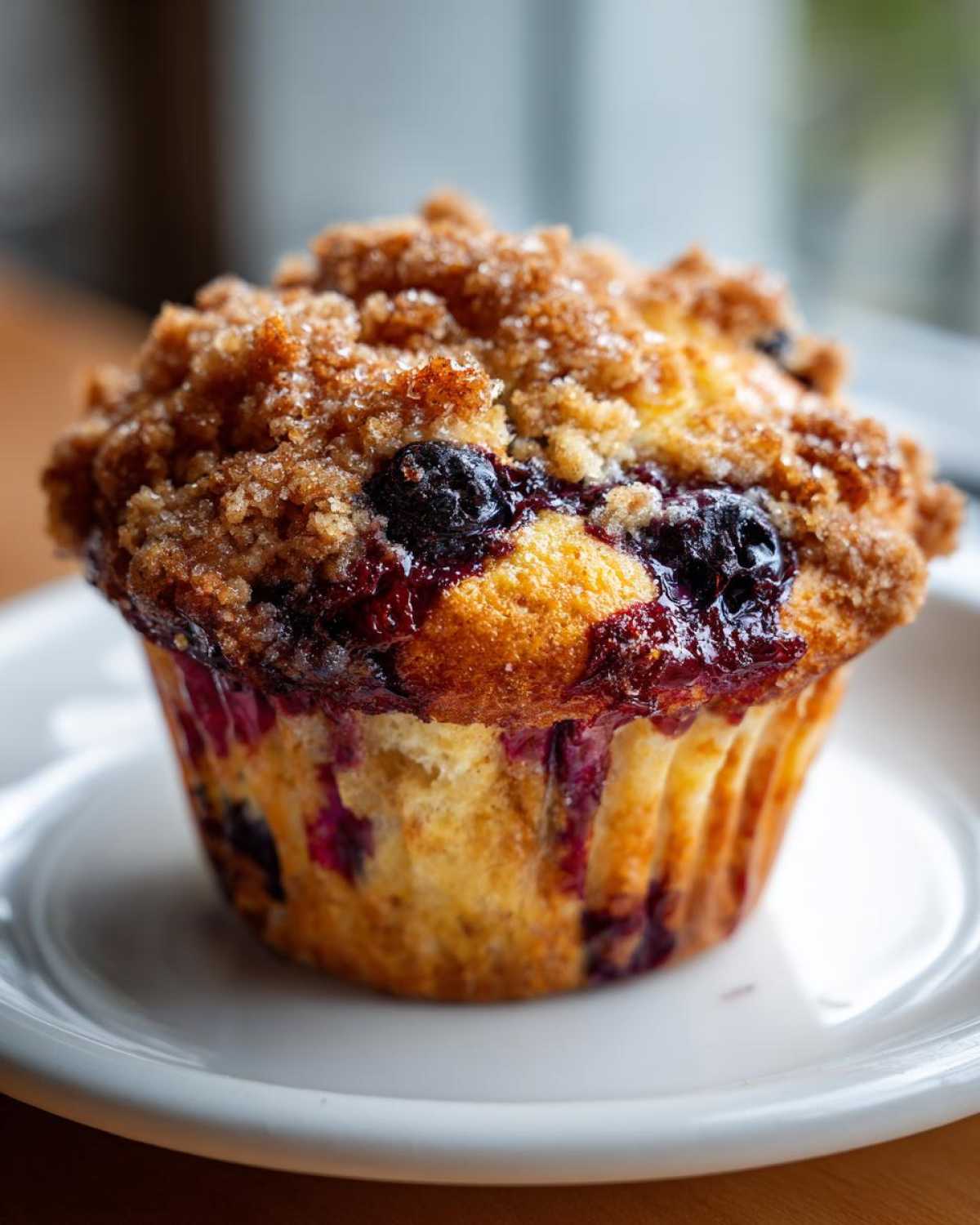 A close-up of a fluffy blueberry muffin topped with brown sugar streusel sitting on a white plate.