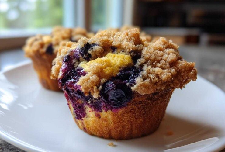 A close-up of a fluffy blueberry muffin topped with golden streusel, sitting on a white plate.