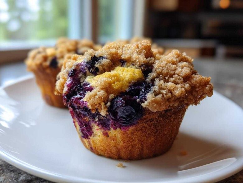 A close-up of a fluffy blueberry muffin topped with golden streusel, sitting on a white plate.