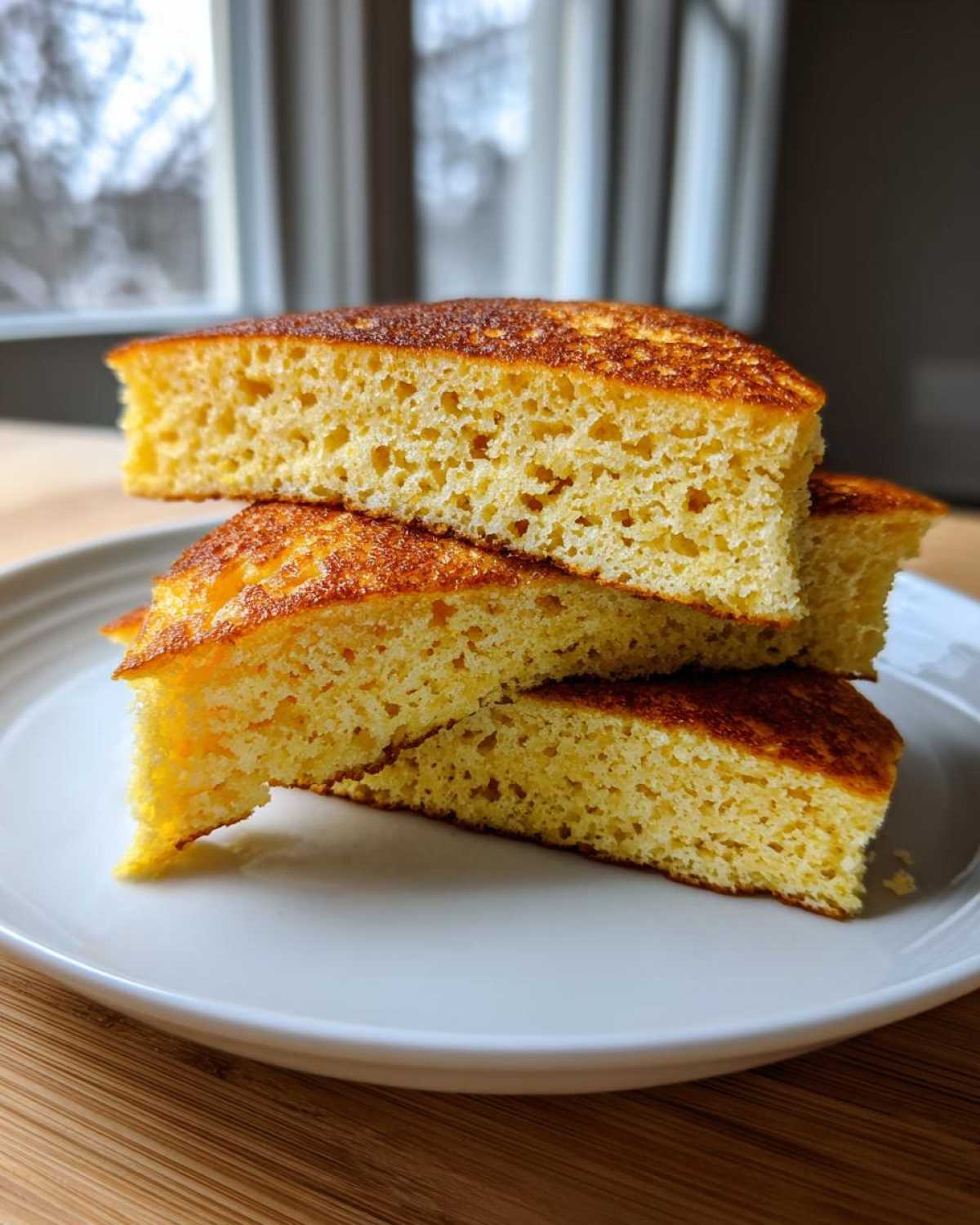 Close-up view showing the fluffy, porous interior texture of stacked coconut flour pancakes.