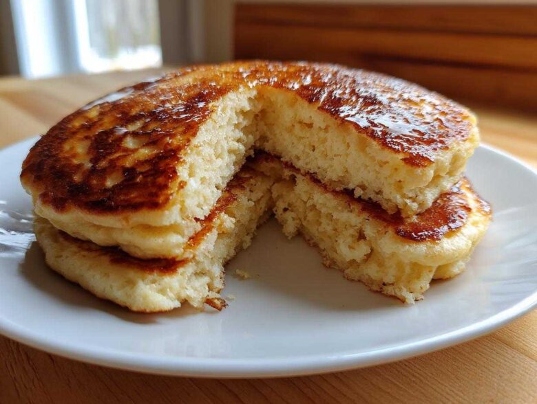 Close-up of fluffy coconut flour pancakes stacked and cut in half, showing the airy interior and golden syrup topping.