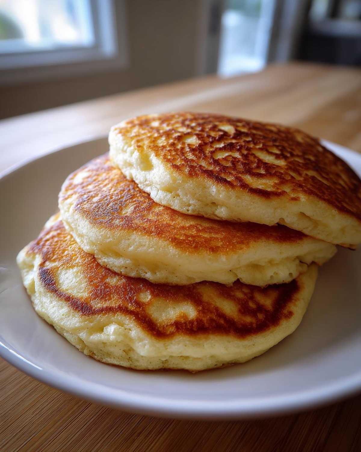 A stack of three fluffy coconut flour pancakes with golden-brown, lacy tops on a white plate.