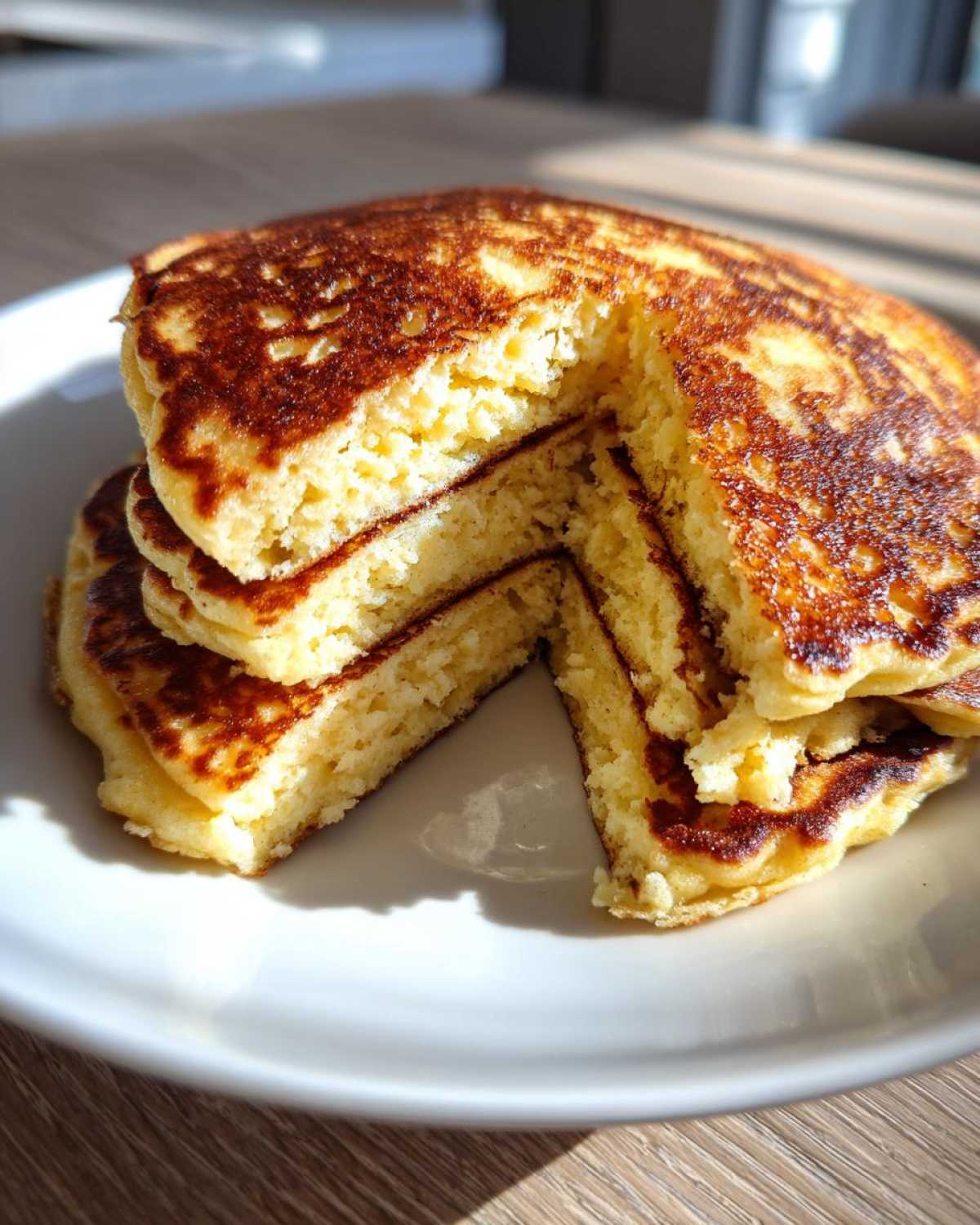 Close-up of a stack of fluffy coconut flour pancakes with a piece cut out, showing the light, airy interior.