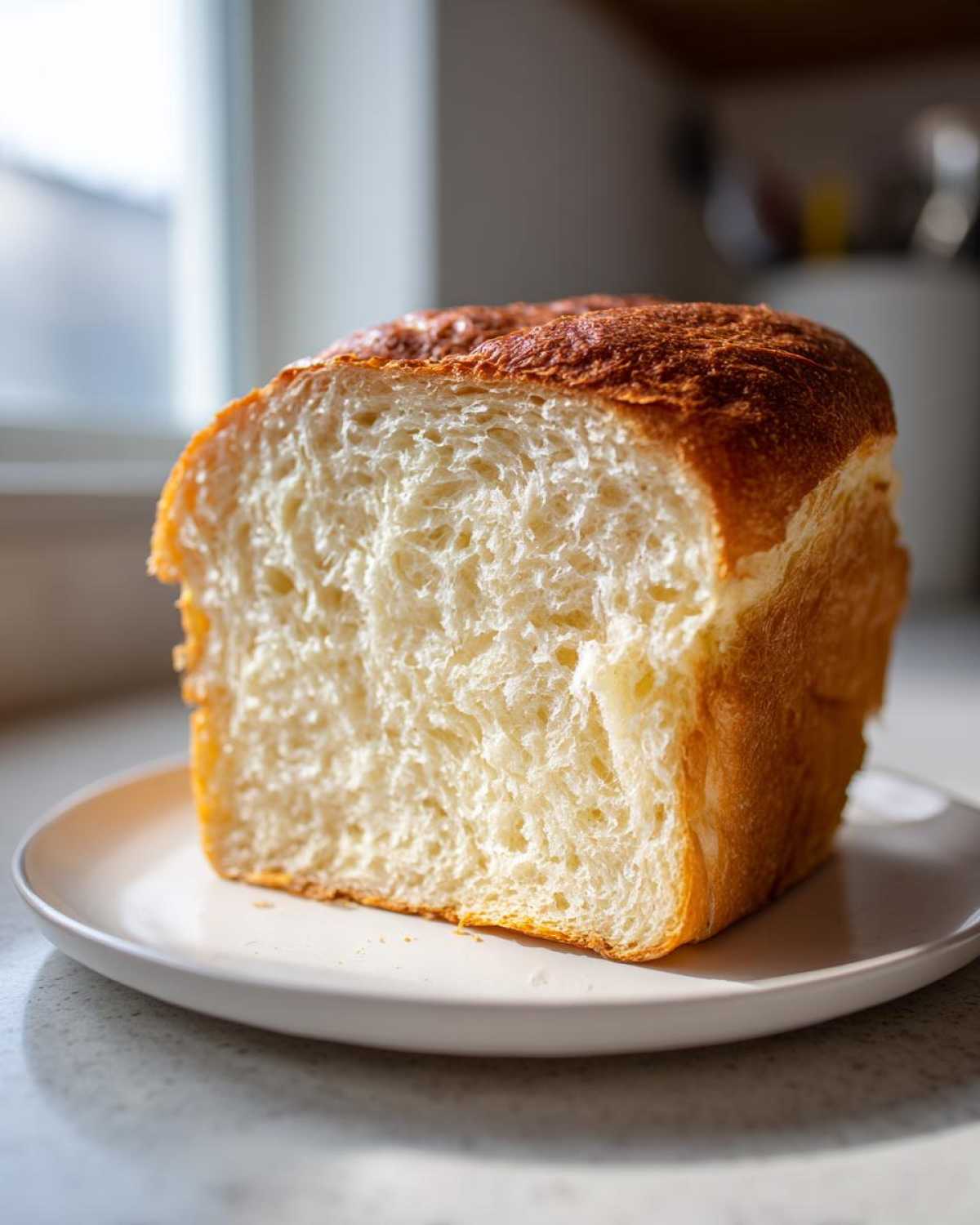 Close-up of a freshly baked loaf of condensed milk bread, showing its incredibly soft and fluffy white interior crumb.