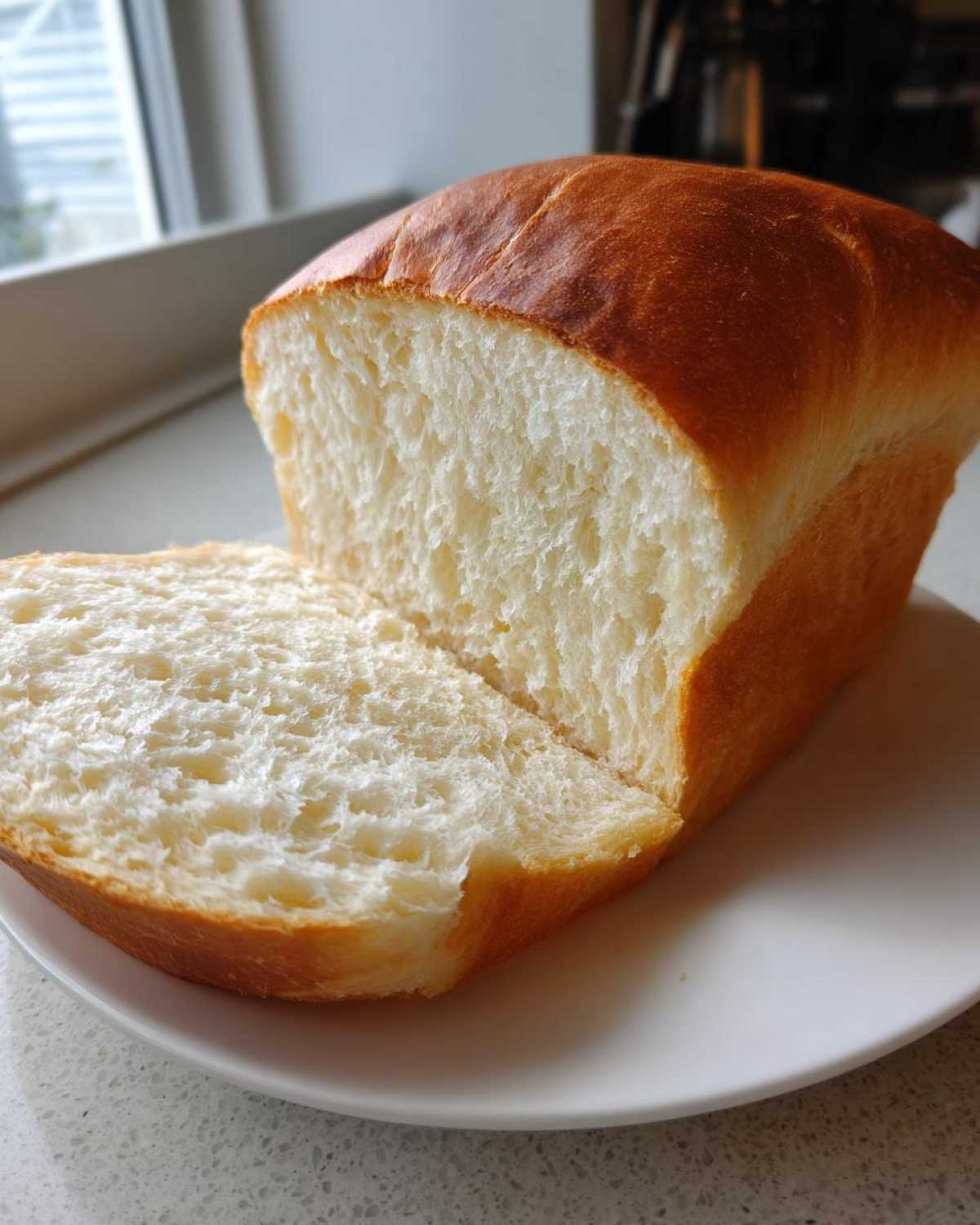 A close-up of a freshly baked loaf of condensed milk bread, sliced to show its soft, white interior.