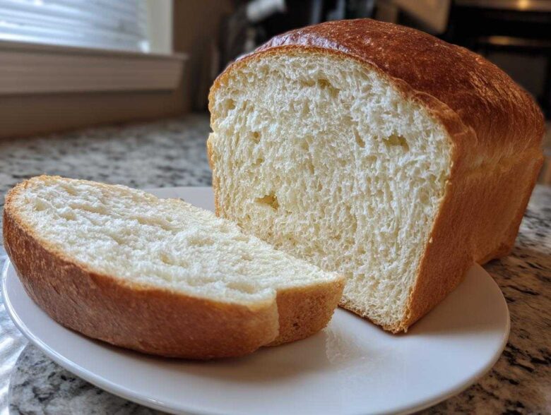 Close-up of a loaf of soft, white condensed milk bread, with one thick slice resting beside it on a white plate.
