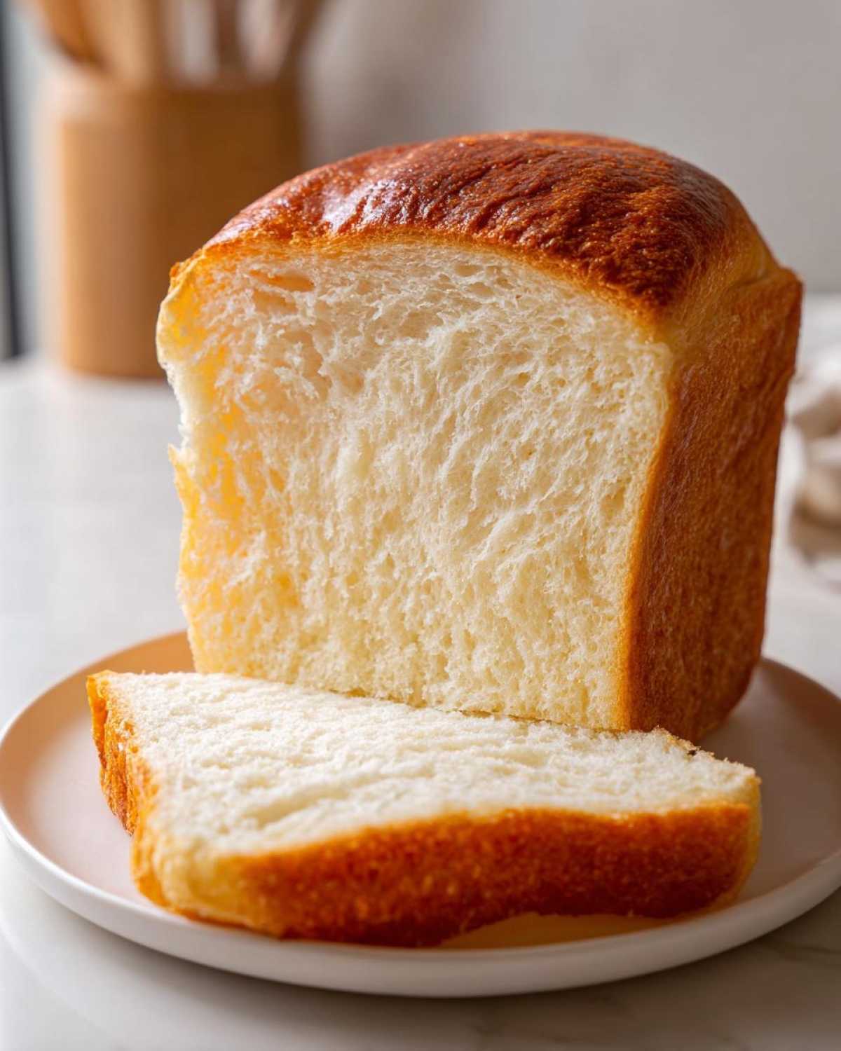 A loaf of fluffy, golden-crusted condensed milk bread with one thick slice cut and resting in front.