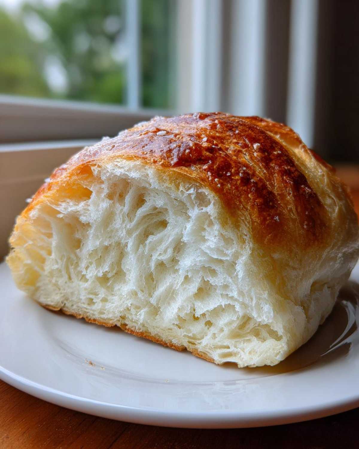 Close-up of a soft, fluffy interior crumb of homemade french bread with a golden, slightly salted crust.