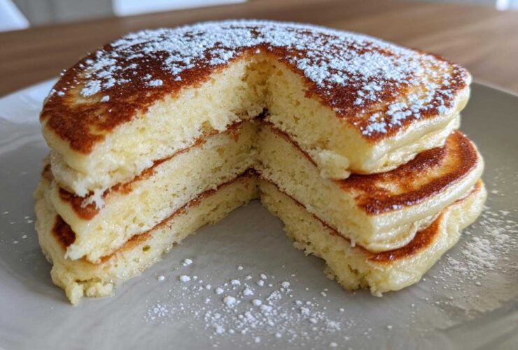 A close-up of a thick stack of fluffy greek yogurt pancakes, cut to show the airy interior, dusted with powdered sugar.