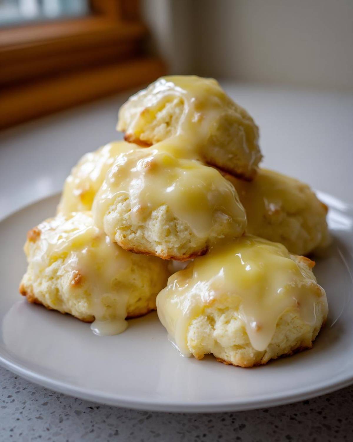 A stack of fluffy italian ricotta cookies generously topped with a thick, pale yellow glaze on a white plate.