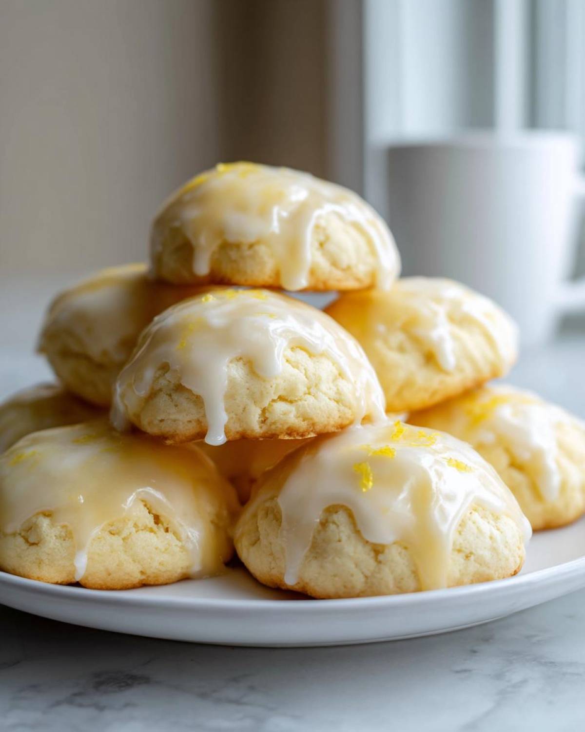 A stack of fluffy Italian ricotta cookies topped with a thick, dripping lemon glaze and zest.