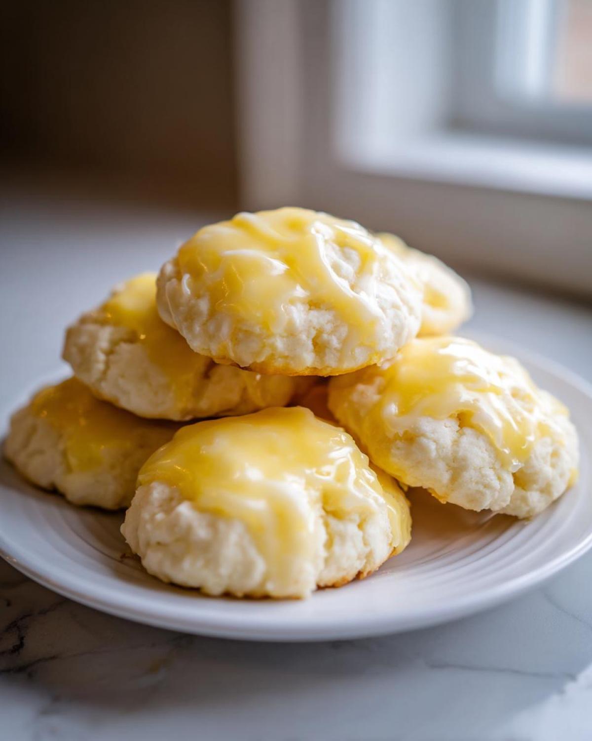 A stack of fluffy Italian ricotta cookies topped with a bright yellow lemon glaze, sitting on a white plate.