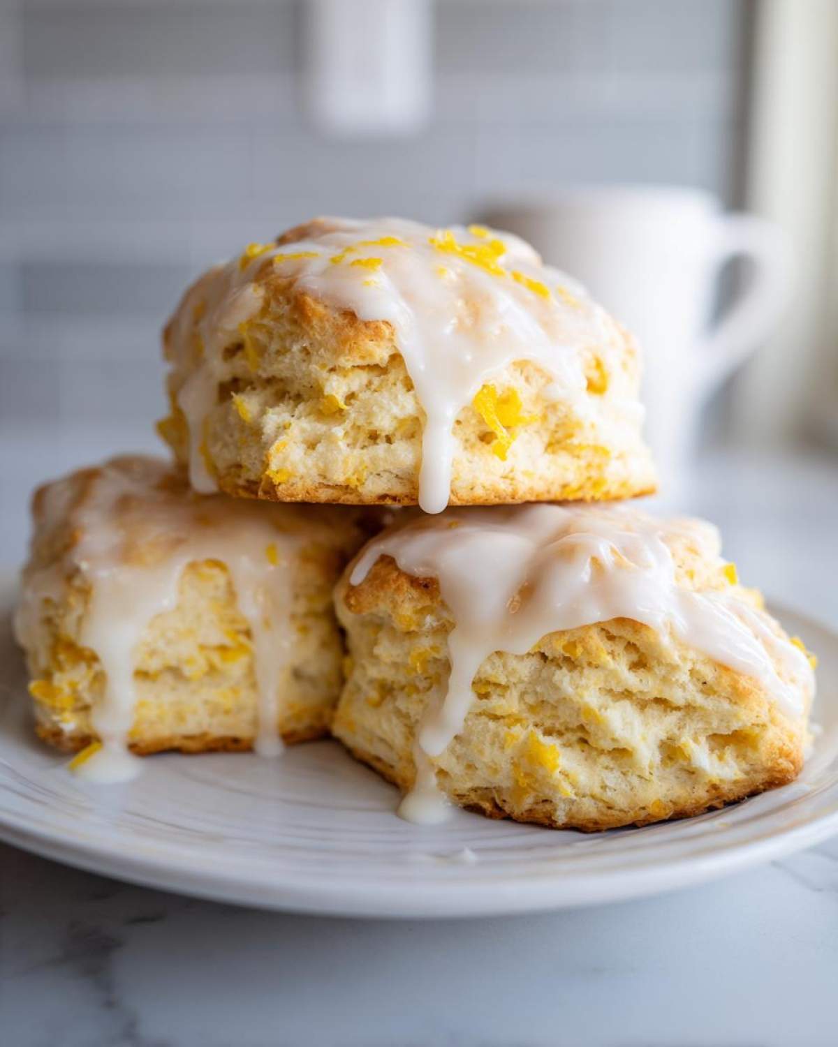 A stack of three fluffy lemon scones topped with a thick white glaze and bright yellow lemon zest.