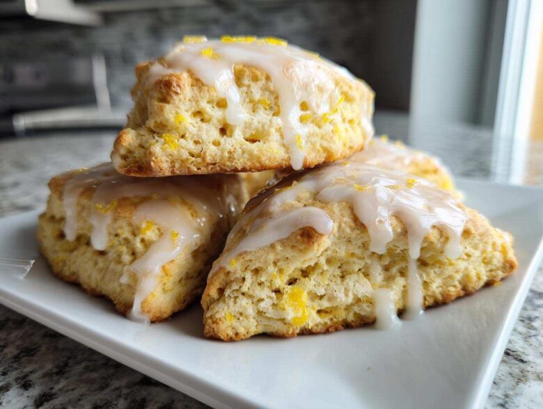 Close-up of fluffy lemon scones stacked on a white plate, drizzled with white lemon glaze and zest.