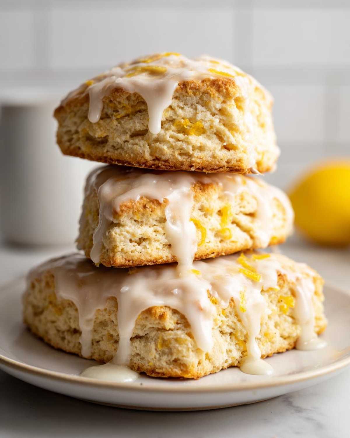 A stack of three fluffy lemon scones topped with dripping lemon glaze and zest.